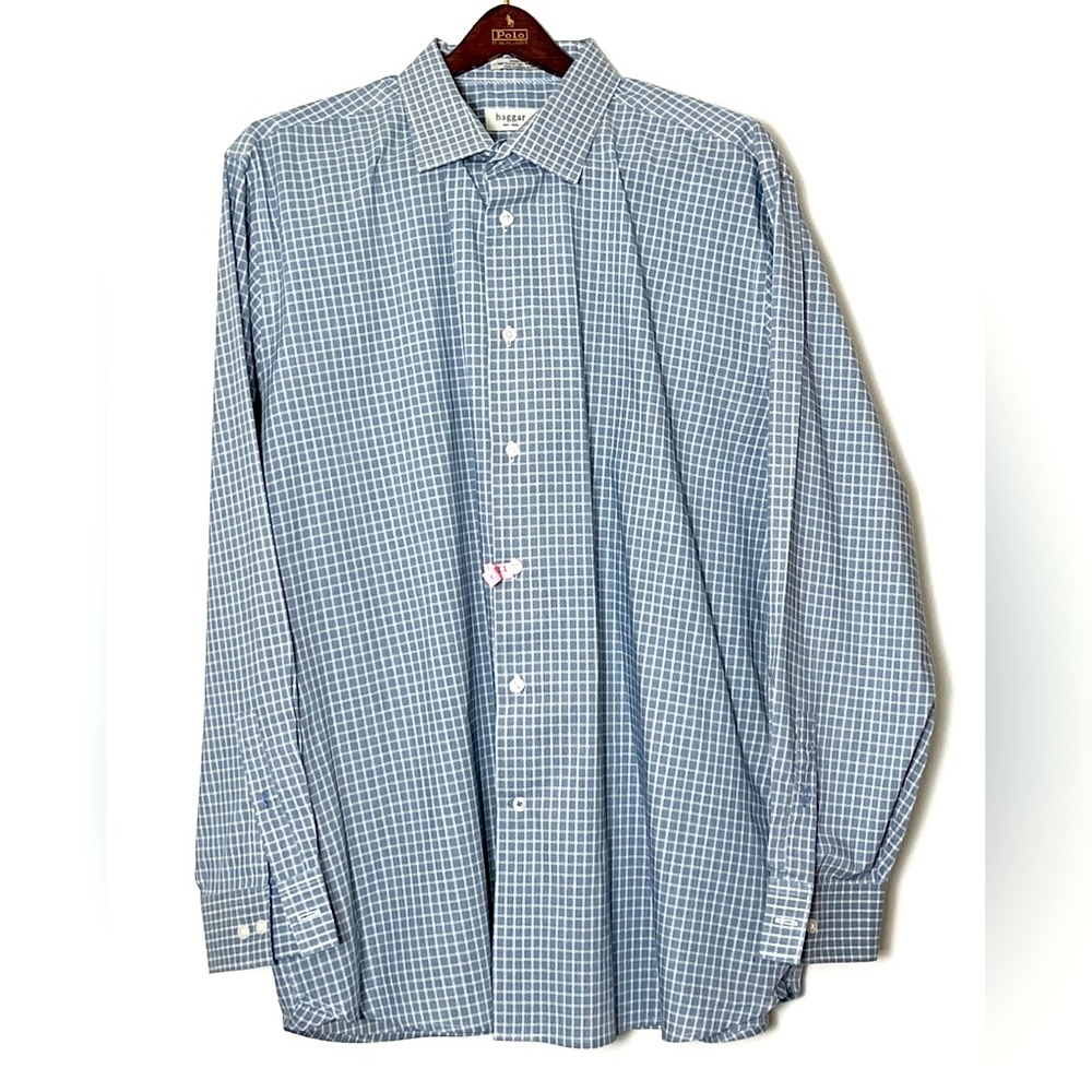 Haggar‎ Button Up Shirt Men’s 18.5 Blue White Check 34/35 Office Professional